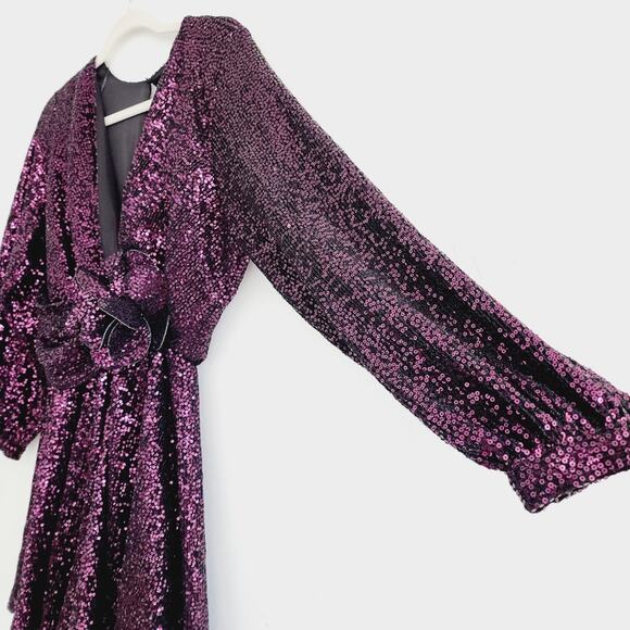 Zara Purple Sequin Romper Shorts Long Sleeve V-Neck Floral Detail Medium - Picture 4 of 10